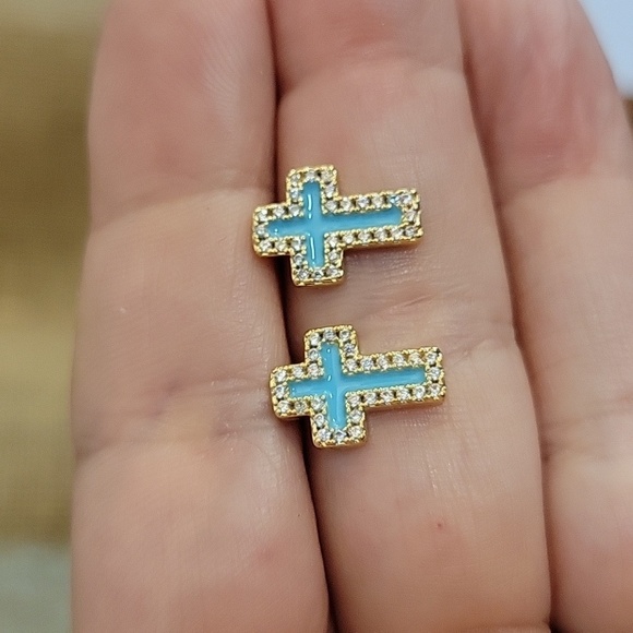 Shimmer Cross Stud Earrings, S925 - Picture 1 of 8